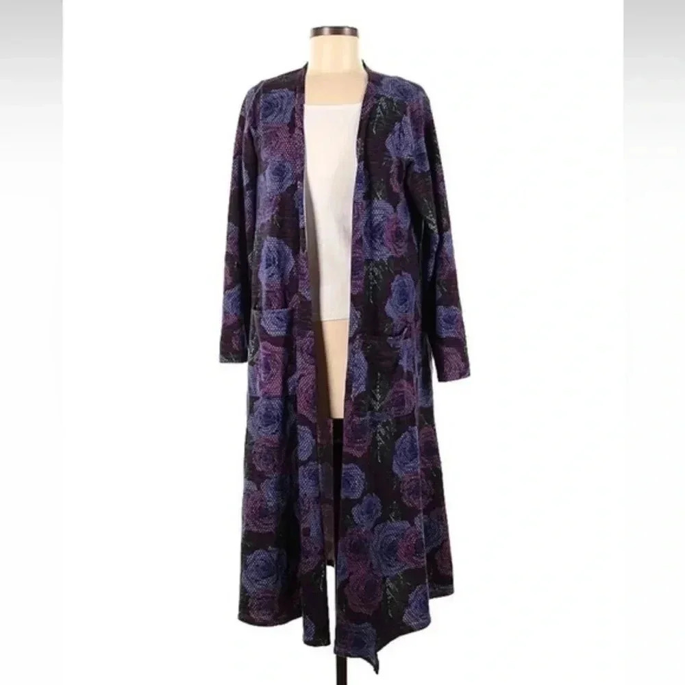 LuLaRoe | Purple Digital Roses Sarah Duster Long Open Front Cardigan Size M